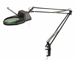 HOLOGEN SWING ARM MAGNIFIER LIGHT: CLMAP ON BASE, REACH 50″, 100 WATT BLACK IN COLOR, CORD LENGTH 5 FT, 3 DIOPETER LENS 6″ DIAMETER MAGNIFIER 1.75X