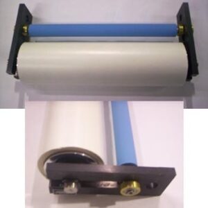 TOP 13″ WEB CLEANER SINGLE ROLL (REF. DWG # NWC-T-XX, BLANK) INCLUDES: 1. ONE CONTACT CLEANING ROLL, 1 1/4″ OD X 14″ FACE LENGTH ROLL, SHAFT, & BEARINGS COVERED WITH POLYMAG BLUE POLYMER 2. MOUNTING BRACKETS (PAIR) FOR TOP OF WEB TO CLAMP TO EXISTING 3″ OD X 14″ PRESS IDLER ROLL. 3. ADHESIVE TAPE GUDGEONS, (2) SHAFT & BEARINGS 4. ONE ADHESIVE TAPE ROLL